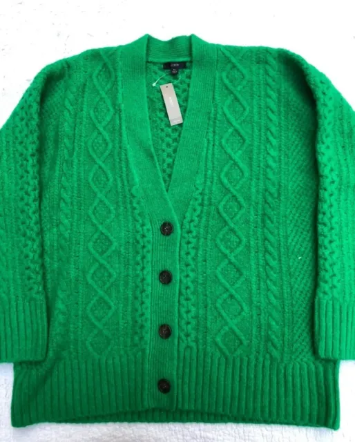 J CREW Cable Knit Stretch Wool Blend Oversize Green Cardigan Sweater BJ606 XL