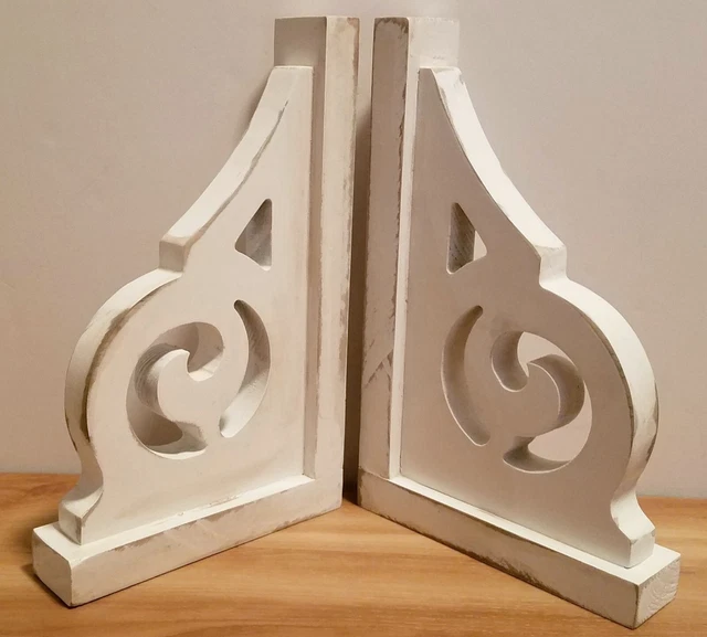 Pair of Distressed White Wood Corbels Shelf Brackets Rustic Farmhouse VSB012