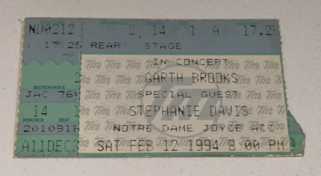 2/12/94 Garth Brooks Stephanie Davis Country Music Ticket Stub Notre Dame Joyce