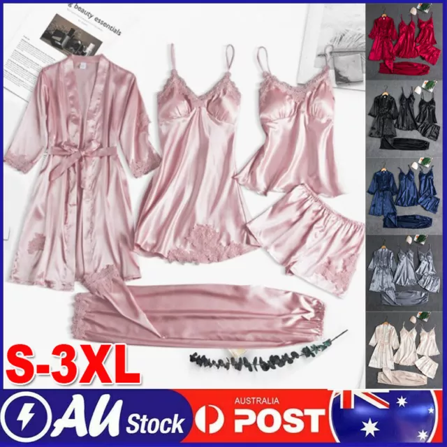 5Pcs/Set Women Sexy Satin Silk Sleepwear Nightwear Lace Night Gown Nightdress AU