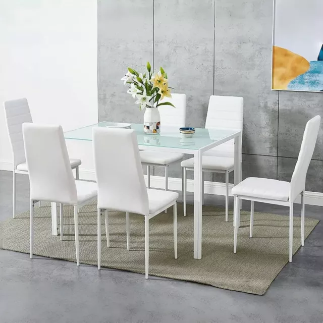 Modern Glass Dining Table and 4/6 Faux Leather Chairs Set Home Kitchen Furniture