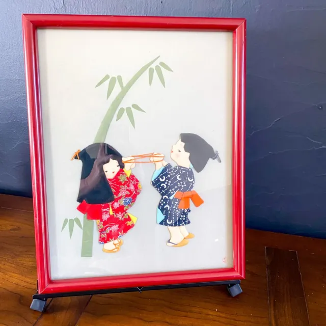 Fabric 3D Wall Art Picture Geisha Girls Japanese Framed Art Asian Signed Vintage