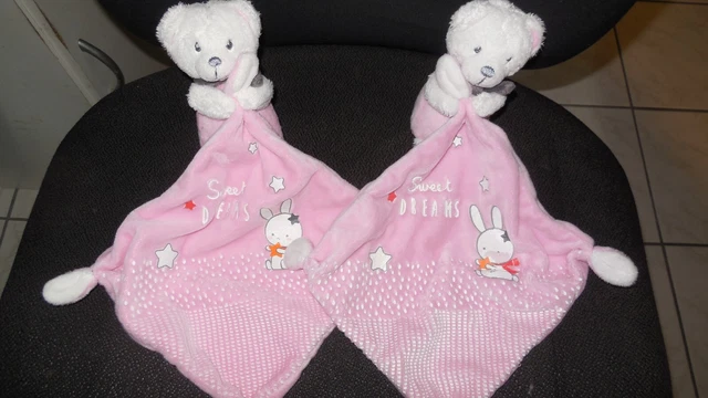 Lot 2 doudou mouchoir ours blanc rose Sweet dreams brodé lapin MOTS D'ENFANTS
