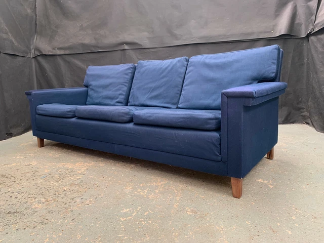 EB1957 Danish Blue Wool Three-Seater Sofa with Rosewood Feet Retro VIntage M3SS