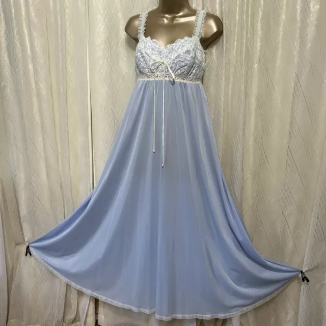VTG 38 L Olga Blue Nightgown RARE Lined Bust Nylon Sexy Full sweep Lace Bridal