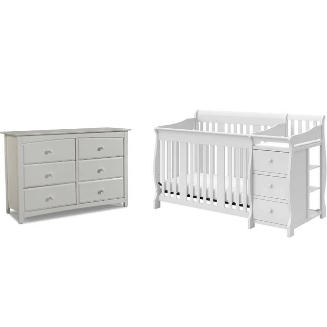 Baby Crib with Changing Table and 6 Drawer Double Dresser Set in Pure White