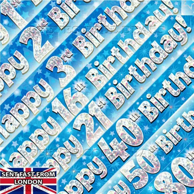 Happy Birthday Age Banners Blue Stars Boys Holographic 9ft Long Party Banner