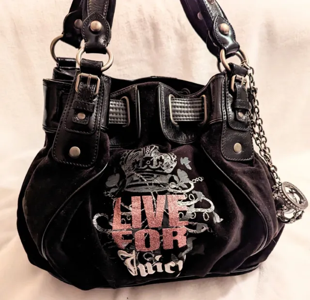 JUICY COUTURE Shoulder Bag Purse. LIVE FOR JUICY. Black Velour Leather Studded.