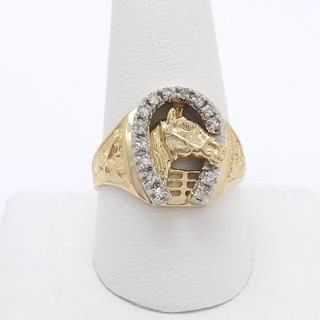 14K Gold Diamond Horseshoe Horse Racing Jockey Mens Band Ring Unisex