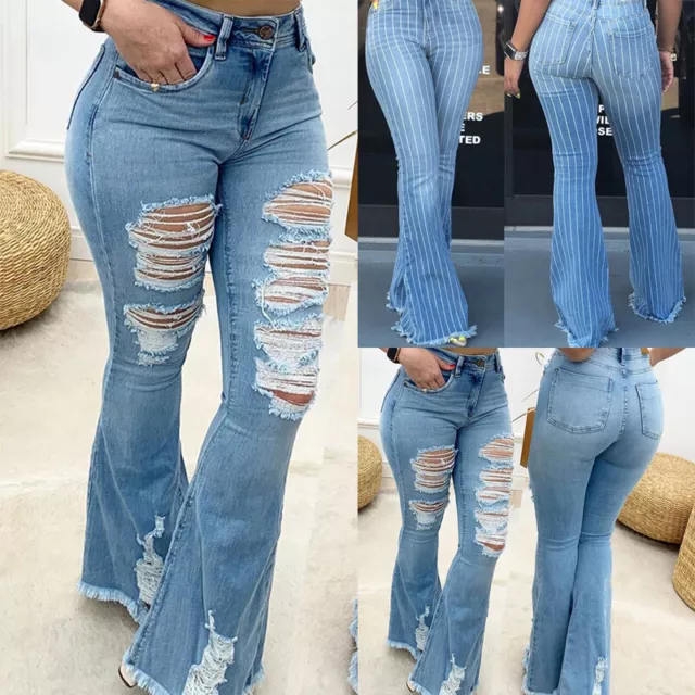 Womens Skinny Ripped Flared Jeans Denim Pants Ladies High Waist Stretch Trousers