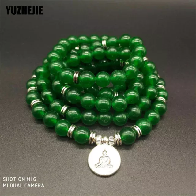 Bracelet 8 mm vert foncé jade 108 Mala yoga lotus Bouddha Pendentif Méditation 3