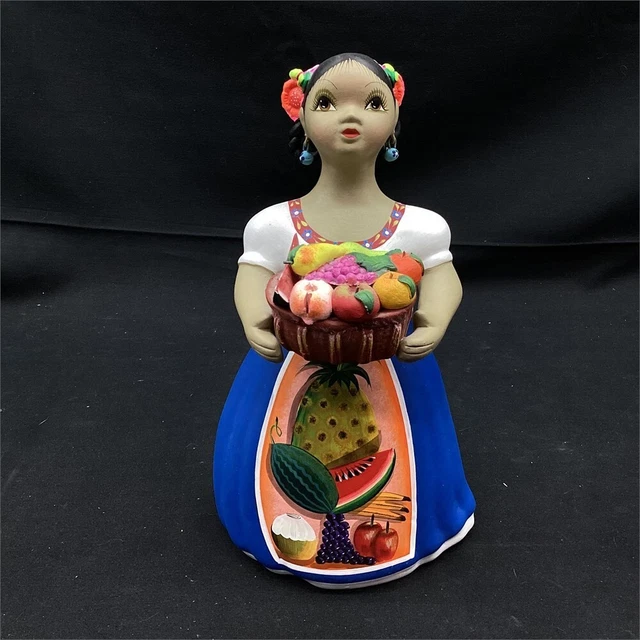 Lupita Navarro Doll Figurine Mexican Pottery Folk Art Fruit Basket 11.5"