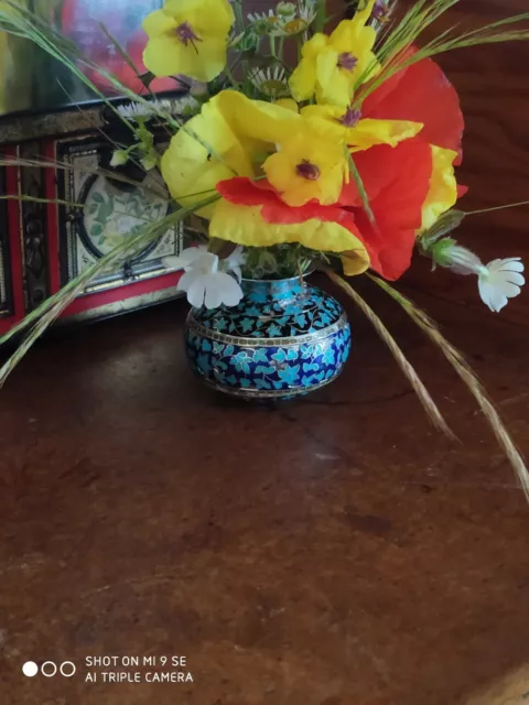 - Très Joli Petit Vase Ancien Vintage En Argent Massif Émaillé - Type Oriental -