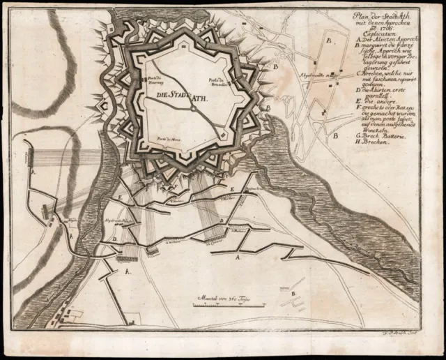 Belgien - Ath / Hennegau - Kupferstich-Karte von G. P. Busch  Stadtplan um 1718
