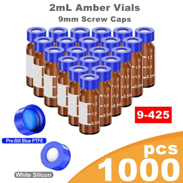 Autosampler Vial,Amber Glass with 9-425 Screw Cap Pre-Slit,2ml LAB Sample Bottle