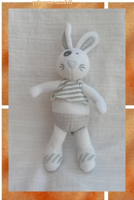 Doudou Peluche Lapin  Blanc Et Gris, Tee Shirt Rayé Tape à l'oeil