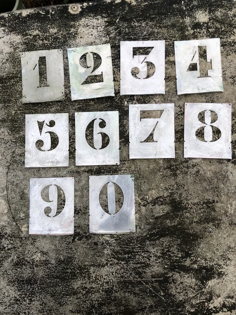 ANTIQUE STENCIL SIZE ALUMINUM FULL NUMBERS 0 to 9. 8.5 cm over 7 cm ...