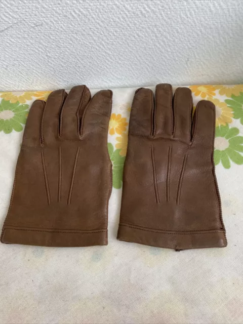 Ancienne Paire De Gants En Cuir Marron Taille 6 Femme