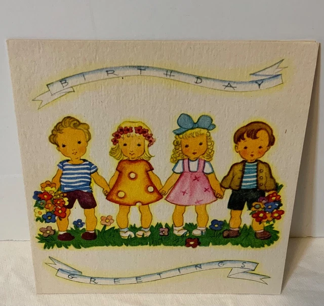 VTG 1942 Ars Sacra Birthday Card 4 Adorable Boys & Girls Holding Hands Flowers VTG 1942 Ars Sacra Birthday Card 4 Adorable Boys & Girls Holding Hands Flowers