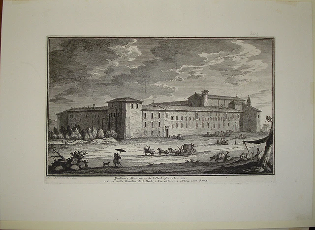 Stampa antica Giuseppe Vasi Basilica San Paolo retro XIX sec. veduta acquaforte