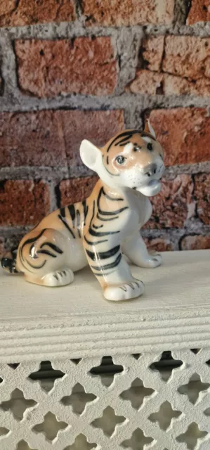 Vintage Lomonosov Ussr Ceramic Tiger Cub Figurine Ornament