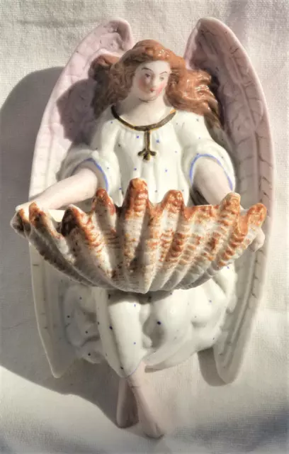 Bénitier biscuit Ange XIXème Antique Bisque Porcelain Holy Water Font Angel Rare