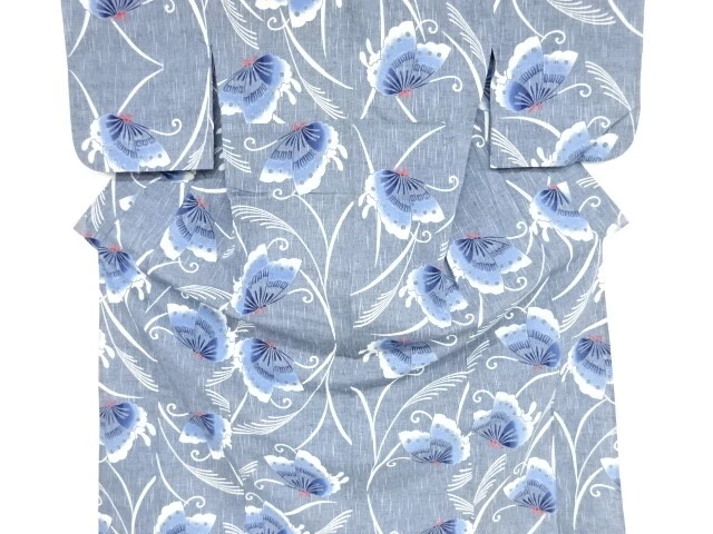 40987# Japanese Kimono / Antique Yukata / Silver Grass With Butterfly