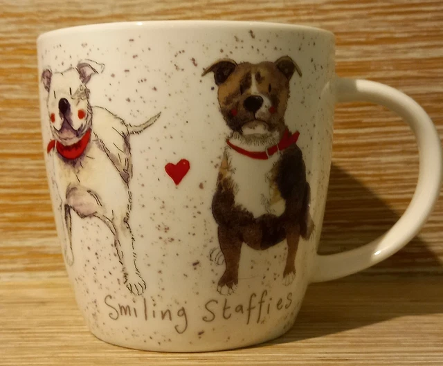 Smiling STAFFIES Delightful Dogs Bone China Mug Alex Clarke For Queens 9.5cm H
