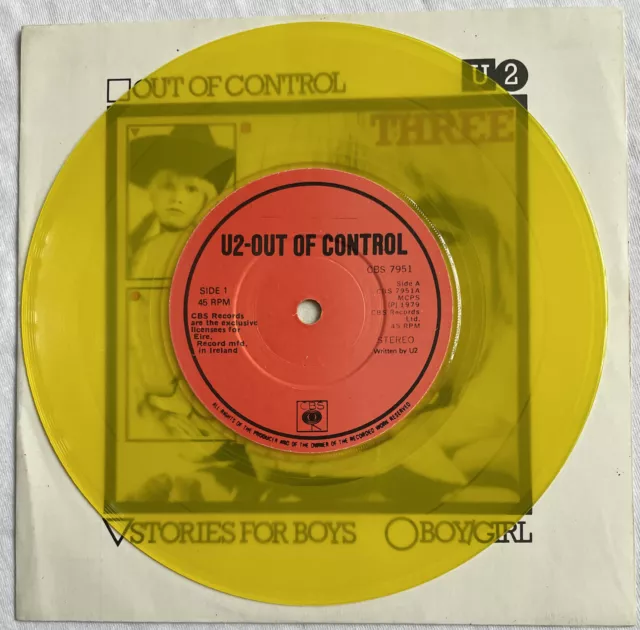 U2 -Three:Out Of Control- Very Rare CBS Irish Yellow Vinyl 7" +Picture Sleeve