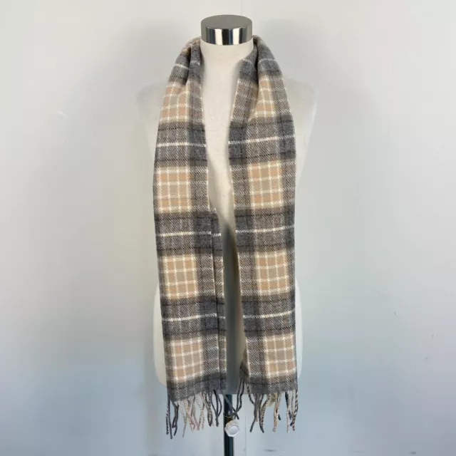 Blarney Womens Wool Neck Scarf Fringe Beige Gray Plaid Rectangle 9" x 60" F78