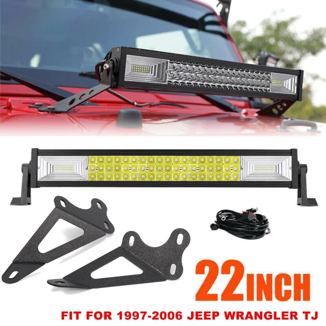 22" 1296W LED Work Light Bar + Hood Mount Bracket Kit for 97-06 Jeep Wrangler TJ