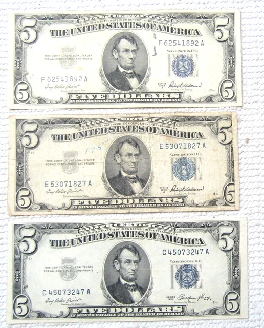 Lot Of (3) US $5 Dollar Silver Certificates (2) 1953 A, 1953 D/S