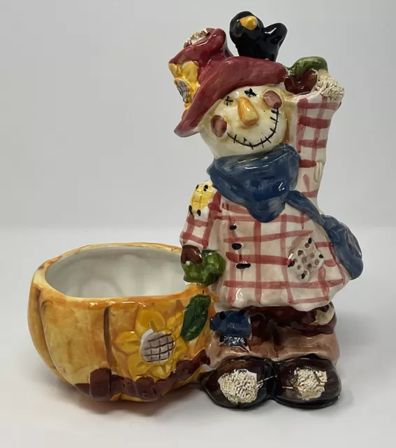 Fall Thanksgiving Halloween Ceramic Scarecrow Planter Flower Pot With Crow