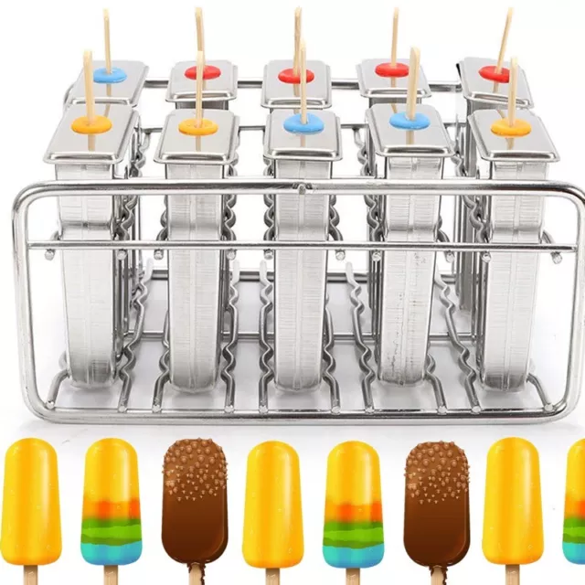 10 piezas Palos de helado de acero inoxidable Molde de hielo Lolly Molde de paletas Pop Soporte EE. UU.