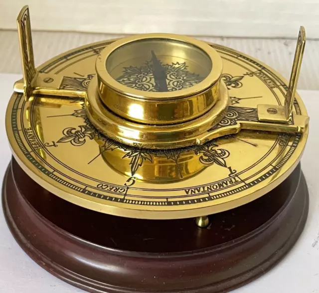 Brass Theodolite Navigation Maritime Compass with Wood Base 1987 Franklin Mint