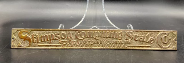Antique Stimpson Computing Scale Co. Sign Rare Brass Advertising Nameplate Usa Antique Stimpson Computing Scale Co. Sign Rare Brass Advertising Nameplate Usa