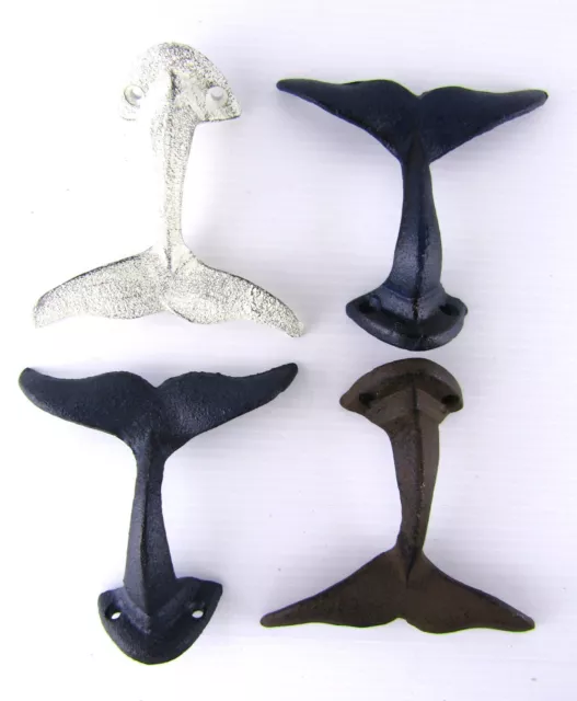 Multicolor Set of 4 Mounted Whale Tail Wall Hooks Coat Hangers Blue White Rustic