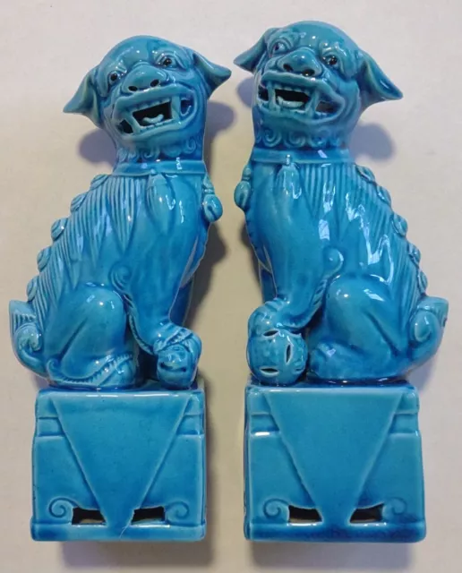 Vintage 1960 Chinese Foo Dog/ Lion Temple Pair Blue/Turquoise Porcelain Antique