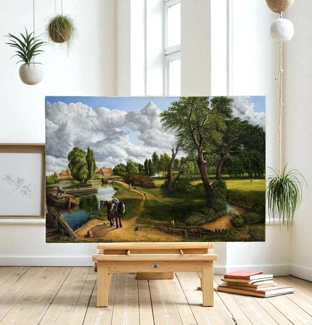 VINTAGE ANTIQUE LARGE OIL PAINTING CANVAS LANDSCAPE CANAL FOLK ART ...