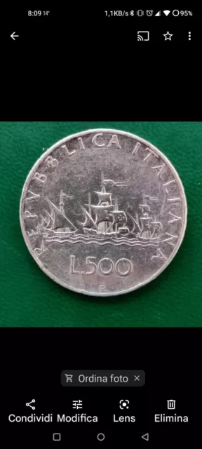 Moneta 500 lire argento - Colombo Caravelle Repubblica italiana