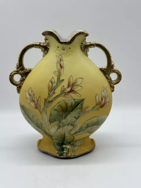 Nippon Moriage Yellow Satin Finish Vase Flowers Double Handle Gold Accent