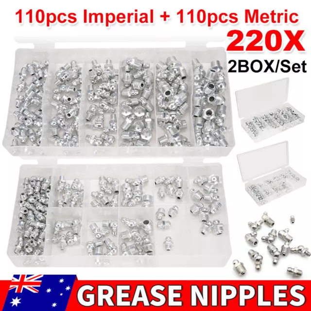 220pcs Hydraulic Grease Nipple Kit Metric Imperial Lubricant Fitting Assortment