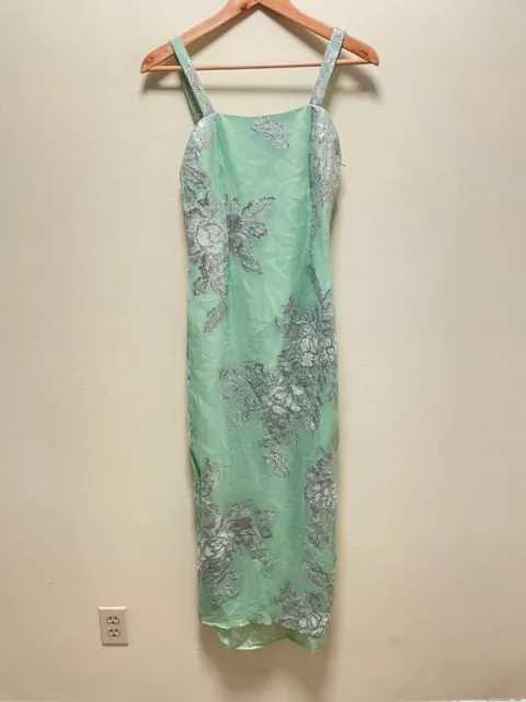 Vintage Handmade Womens Dress Small Green Silver Floral Embroidered Silk Fairy