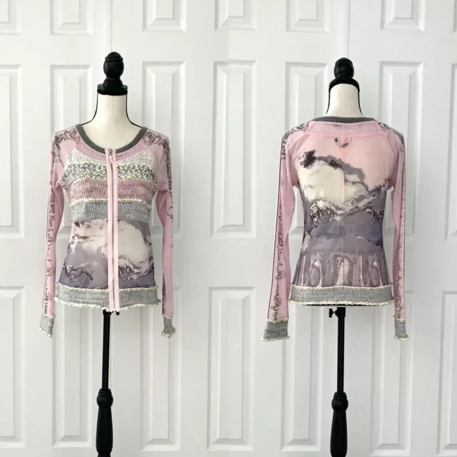 Lulu H Pink Cream Mixed Media Mesh Sweater Knit Panels Full Zip Cardigan Medium
