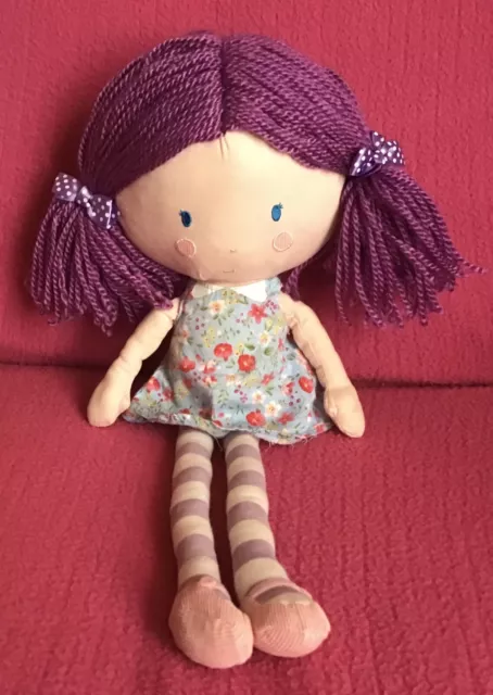 Sainsbury’s Purple Wool Hair Rag Doll In Floral Dress Soft Plush Toy 7-13”
