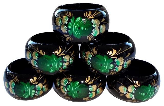 6 Ronds de serviettes russes, bois laqué et peint - Arts de la table
