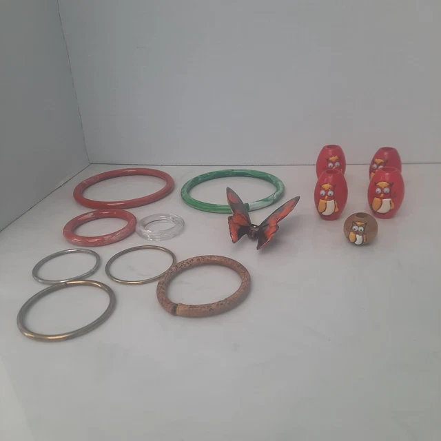 Vintage Mixed Macrame Wood Beads Ceramic Butterfly Rings Lot 2