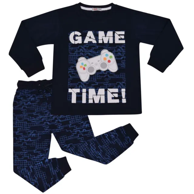 Kids Girls Boys Pyjamas Game Time Contrast Top Bottom 2 Piece PJS Sleepwear Set