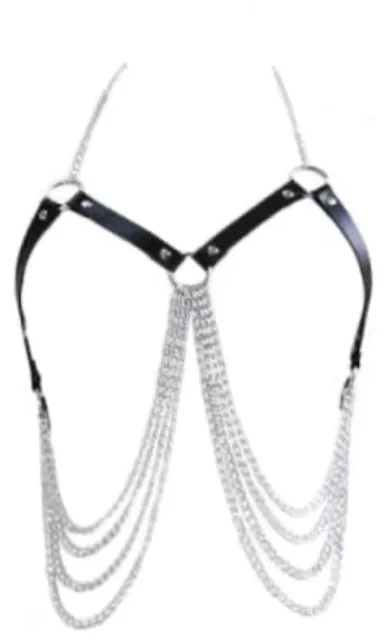 Punk Leather Body Chain Bra Silver Layer Chest Chains Festival Rave Harness