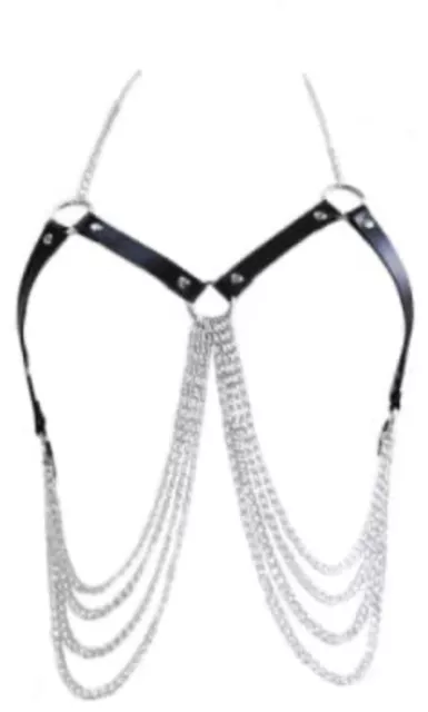 Punk Leather Body Chain Bra Silver Layer Chest Chains Festival Rave Harness